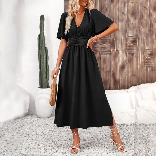 Robe femme en polyester avec manches à volants, fente et taille élastique