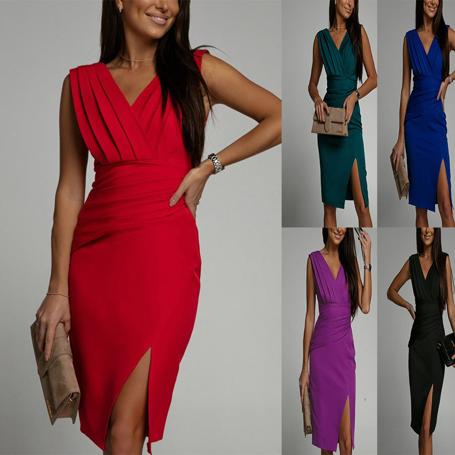 Robe d'été sans manches à col en V, fendue et taille haute